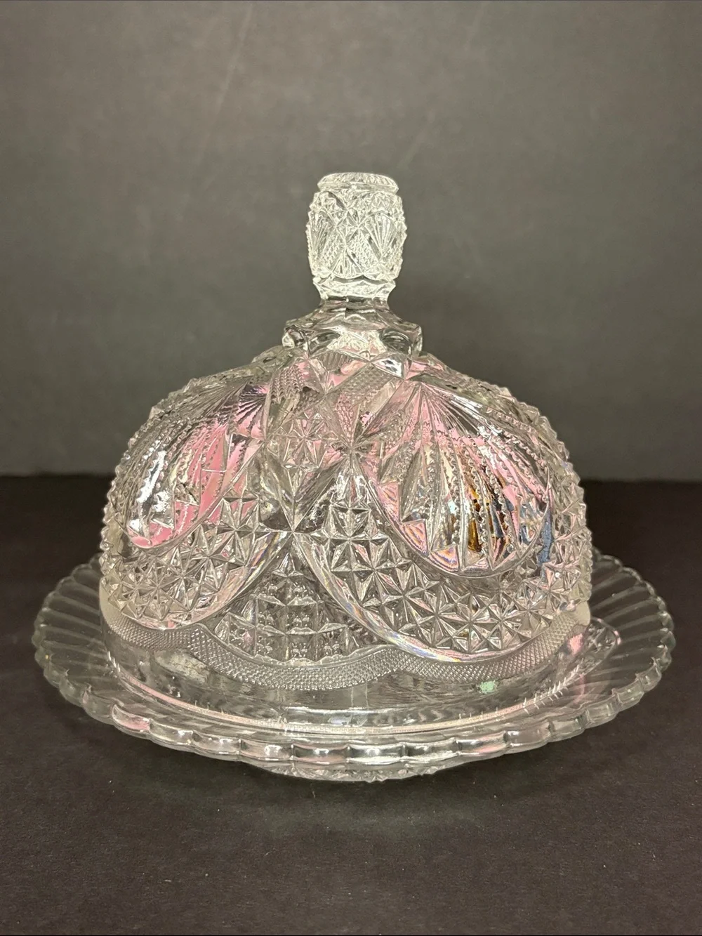 Antique Early American Pressed Glass Hobstar Domed Butter / Cheese Dish